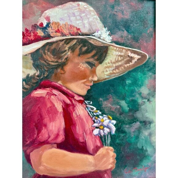 Oil Painting of Little Girl Holding Flower, Smiling Face, On Canvas13x17" - Picture 9 of 14